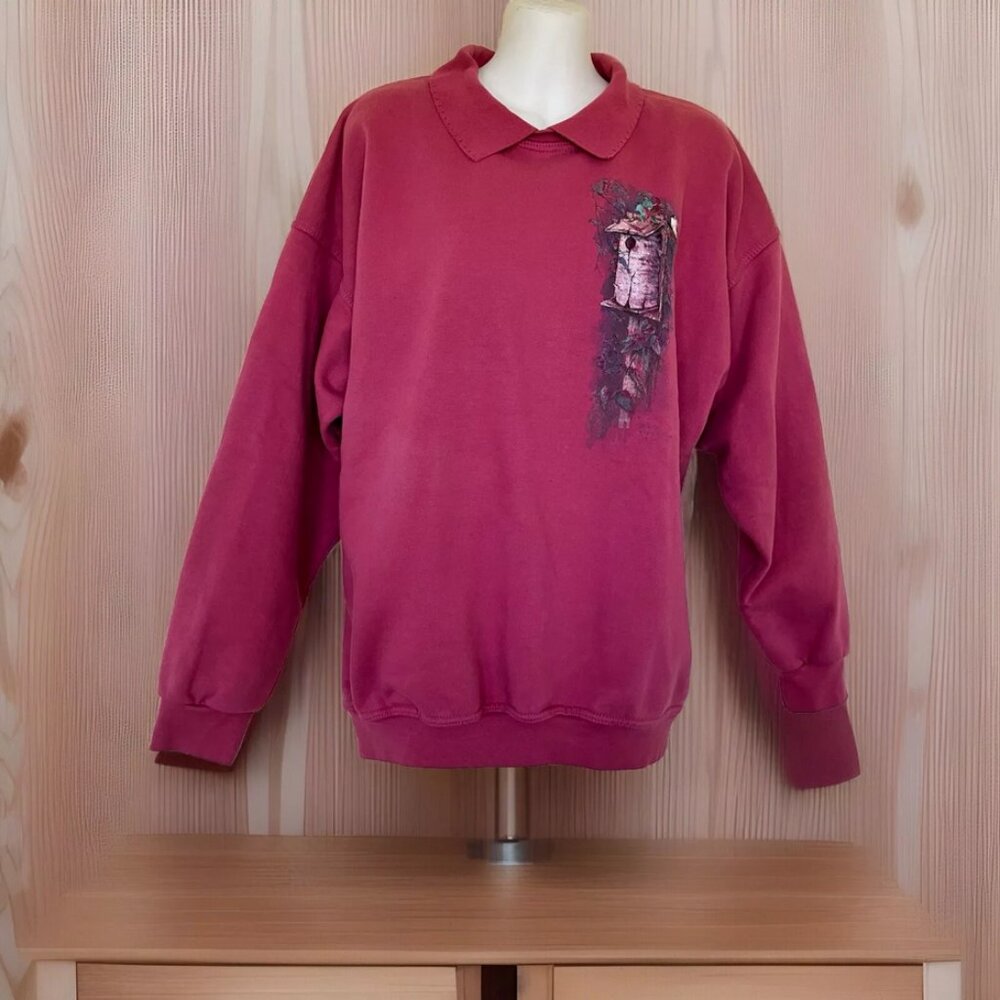 Northern Reflections Pink Sweatshirt with Collar Vintage 90s Birdhouse Chickadee